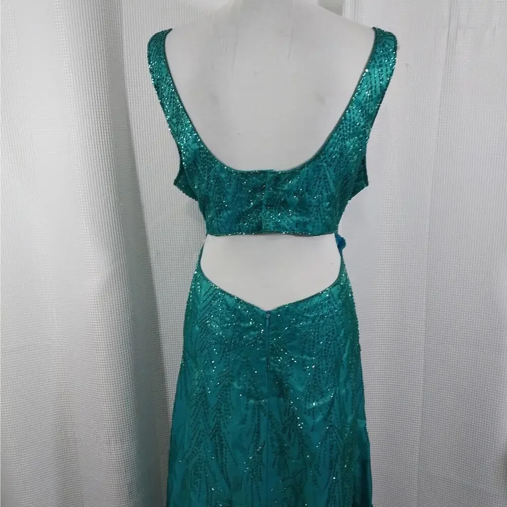 LEGENDS! TURQUOISE BLUE/GREEN IRIDESCENT MAGNIFICENTLY BEADED GOWN, DRESS! SZ 16 - Picture 7 of 11